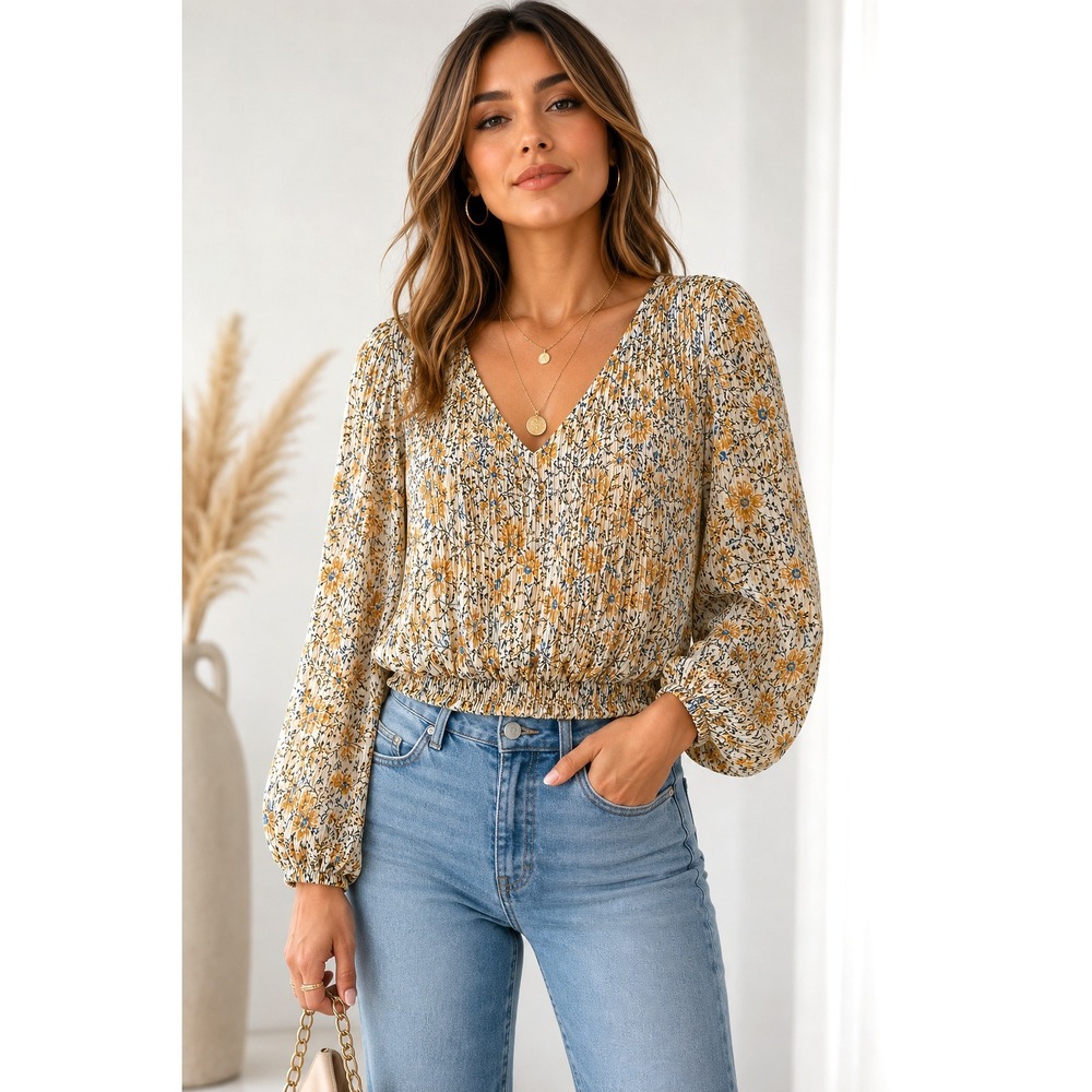 Astr Womens Yellow Balloon Sleeve V Neck Pleated Fabric Floral Blouse Top Size S